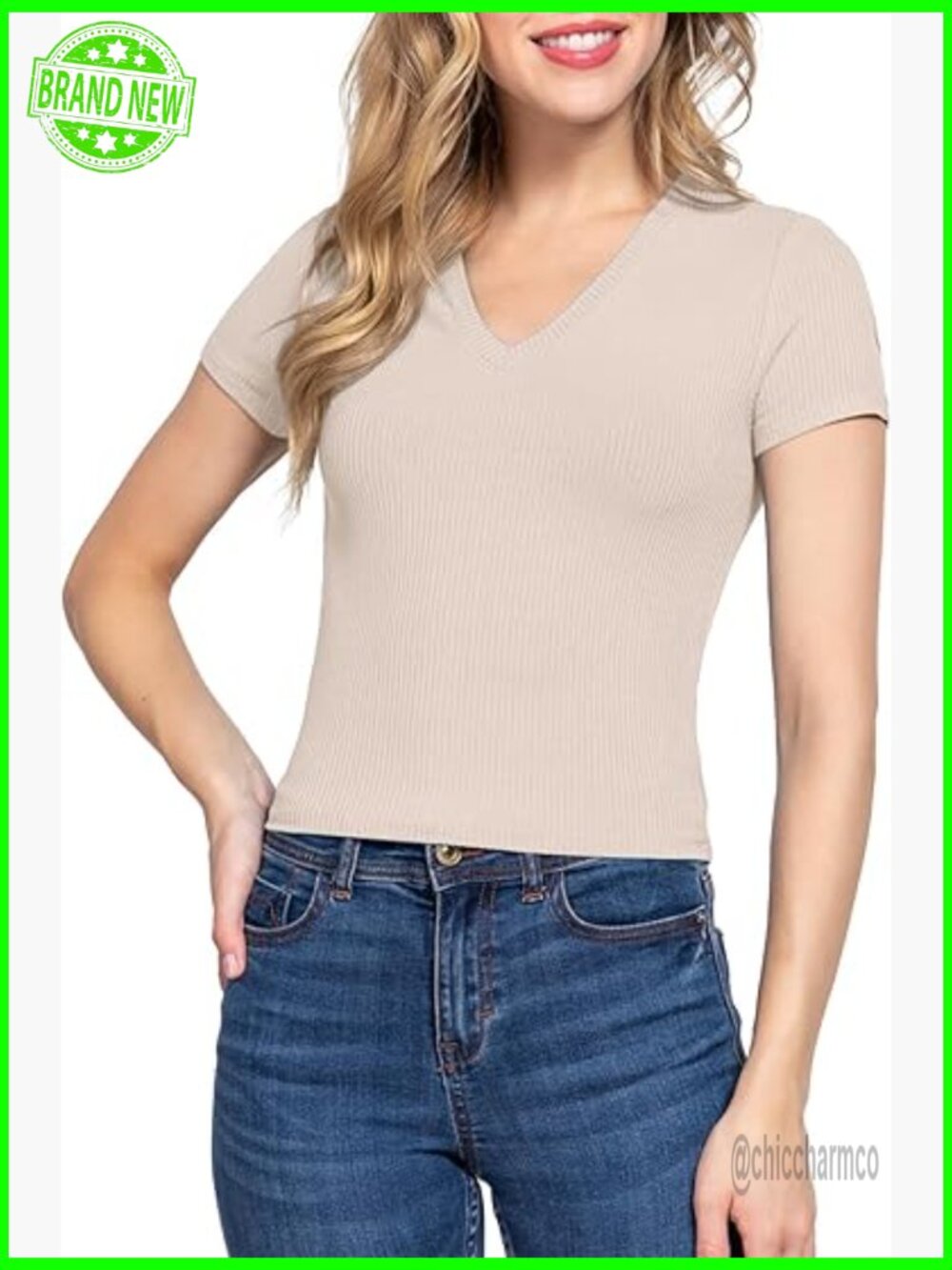 Short Sleeve V-Neck Ribbed Crop Top Soft Knit Casual Tee